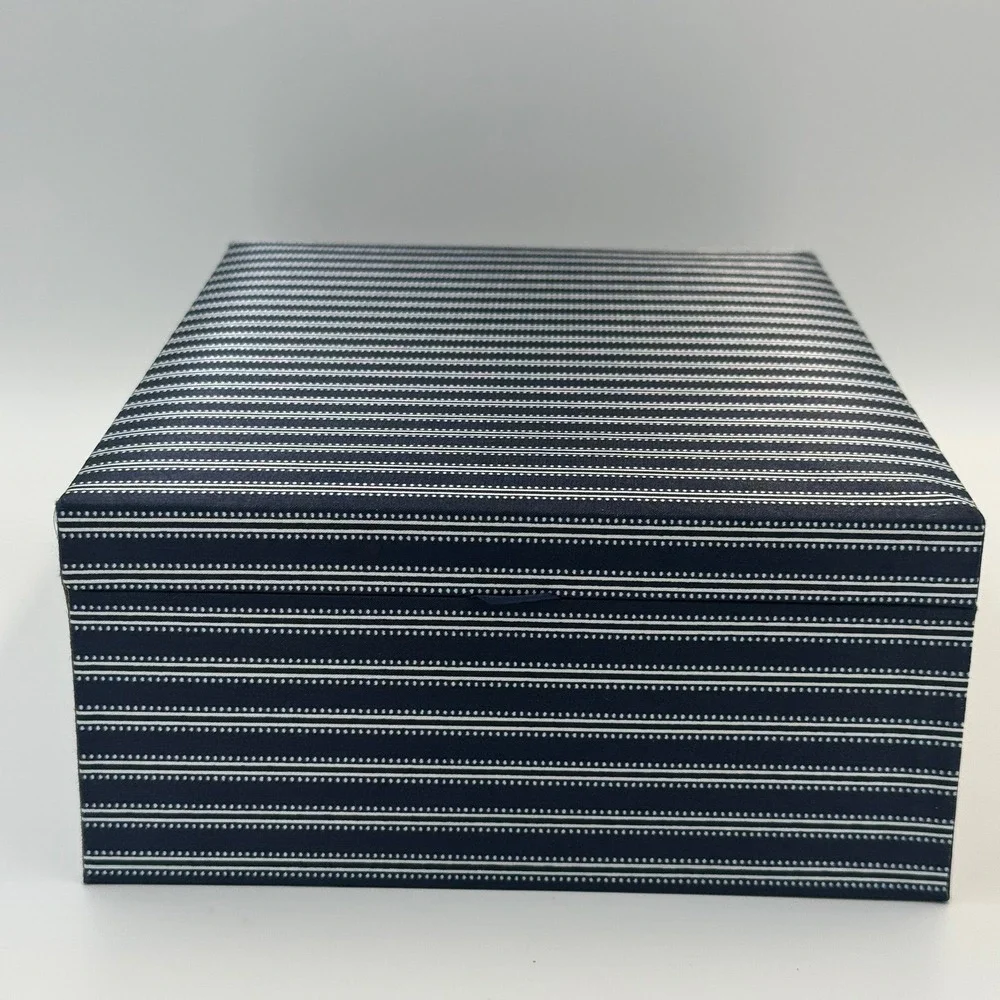 Avon Jewelry Box Navy Blue Pinstripe Brown Satin Lining Removable Tray Organizer
